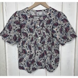 Evereve Lori Pleated Top Button Boho Cottage Artsy Floral Cotton Blend Shirt XS